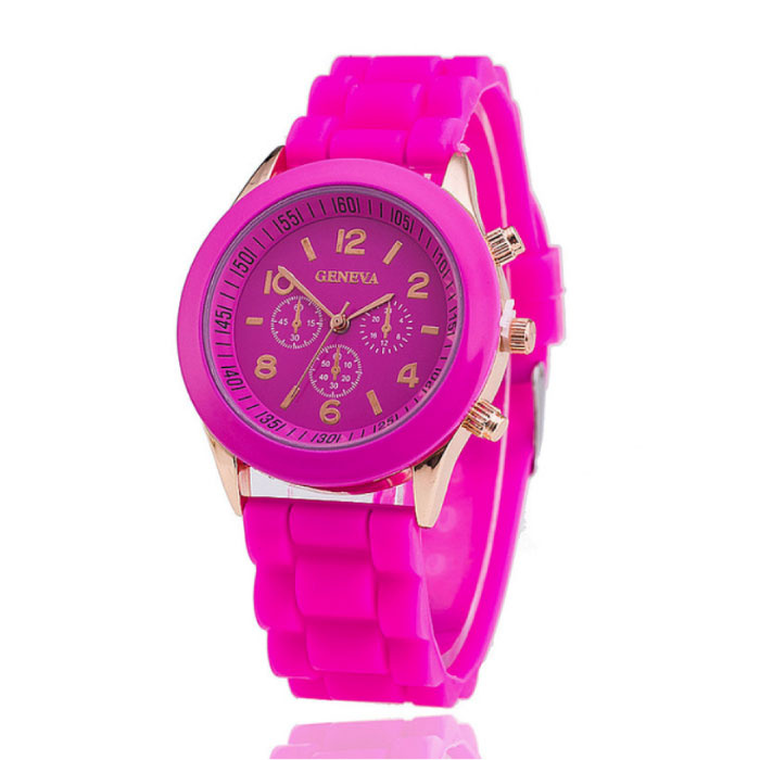 Montre Jelly pour Femme - Mouvement Quartz Bracelet Silicone Rose Foncé