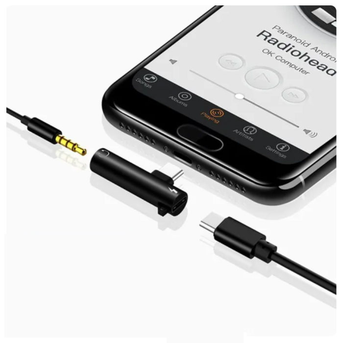 Cargador USB-C y divisor AUX - Adaptador divisor de audio para auriculares Negro