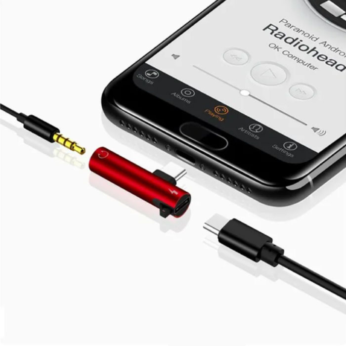 Cargador USB-C y divisor AUX - Adaptador divisor de audio para auriculares Rojo