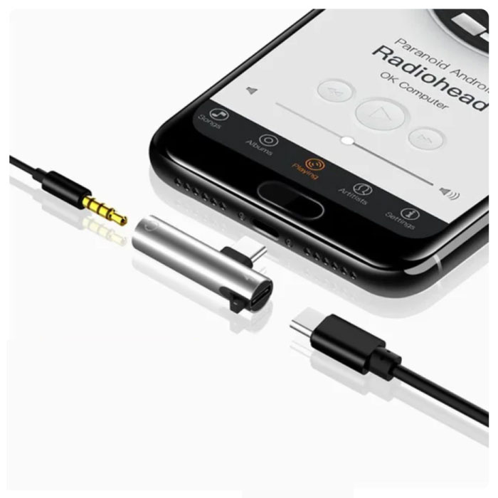 Cargador USB-C y divisor AUX - Adaptador divisor de audio para auriculares plateado