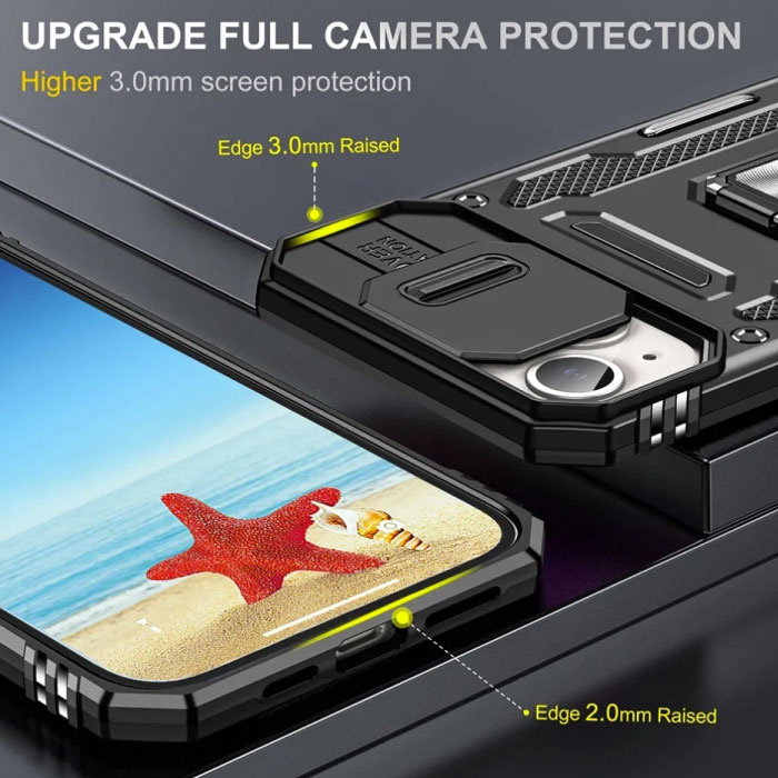 Discover Innovation iPhone 15 - Étui Armor avec béquille et glissière pour appareil photo - Étui à poignée magnétique noir