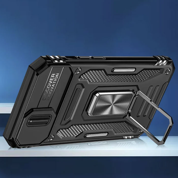 Discover Innovation iPhone 15 - Étui Armor avec béquille et glissière pour appareil photo - Étui à poignée magnétique noir