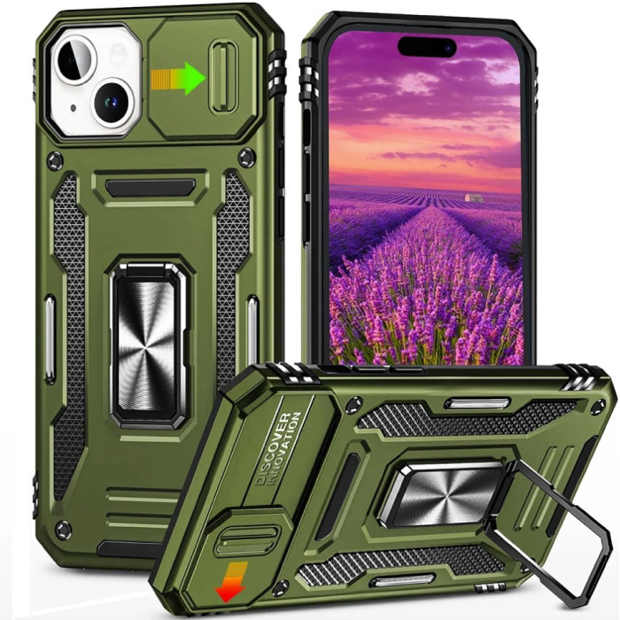 iPhone 15 - Armor Case with Kickstand and Camera Slide - Magnet Grip Cover Case Green