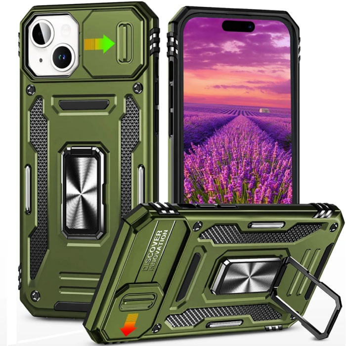 iPhone 15 - Custodia Armor con cavalletto e scorrimento per fotocamera - Custodia con impugnatura magnetica Verde