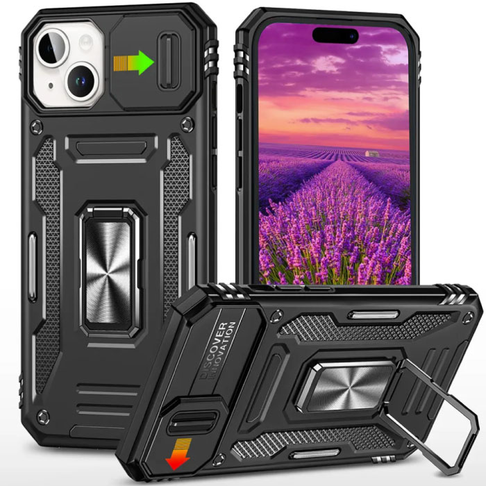 iPhone 15 Plus - Armor Hoesje met Kickstand en Camera Slide - Magneet Grip Cover Case Zwart