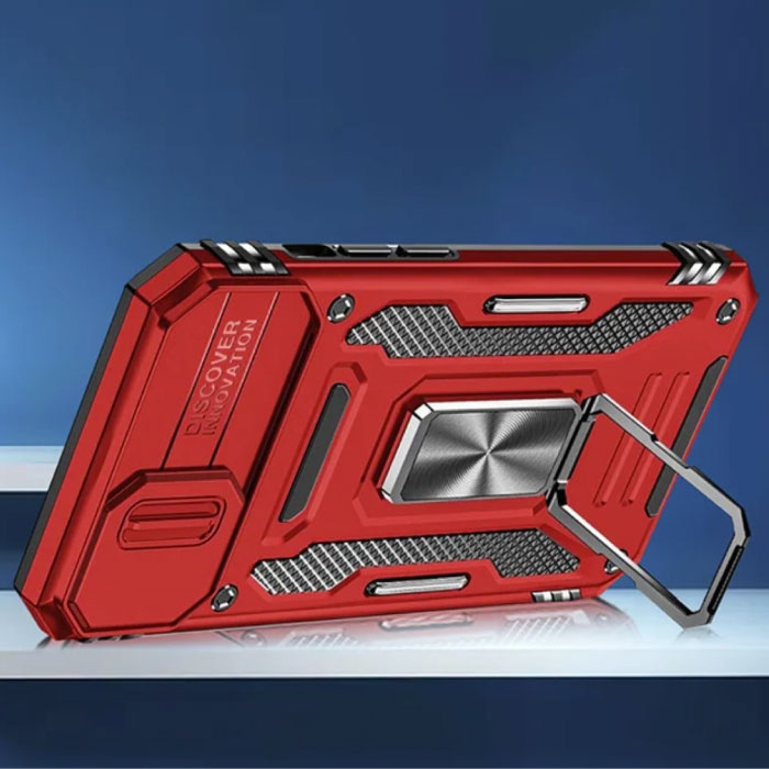 Discover Innovation iPhone 15 Pro Max – Etui pancerne z podpórką i prowadnicą aparatu – Etui z uchwytem magnetycznym, czerwone