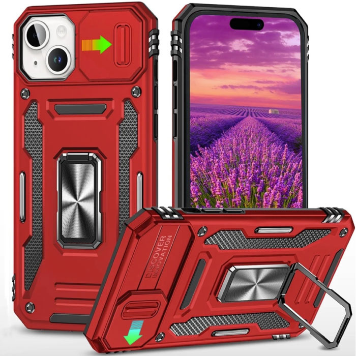 iPhone 15 Pro - Armor Hoesje met Kickstand en Camera Slide - Magneet Grip Cover Case Rood