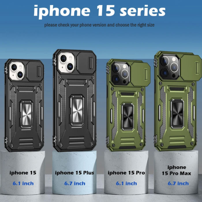 iPhone 15 Plus - Estuche Armor con soporte e imán deslizante para cámara