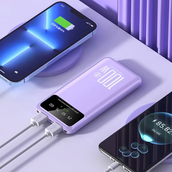 WST 50.000-mAh-Powerbank mit 3 Ladeanschlüssen – LED-Anzeige und integrierter Taschenlampe – 100-W-Akkuladegerät Schwarz