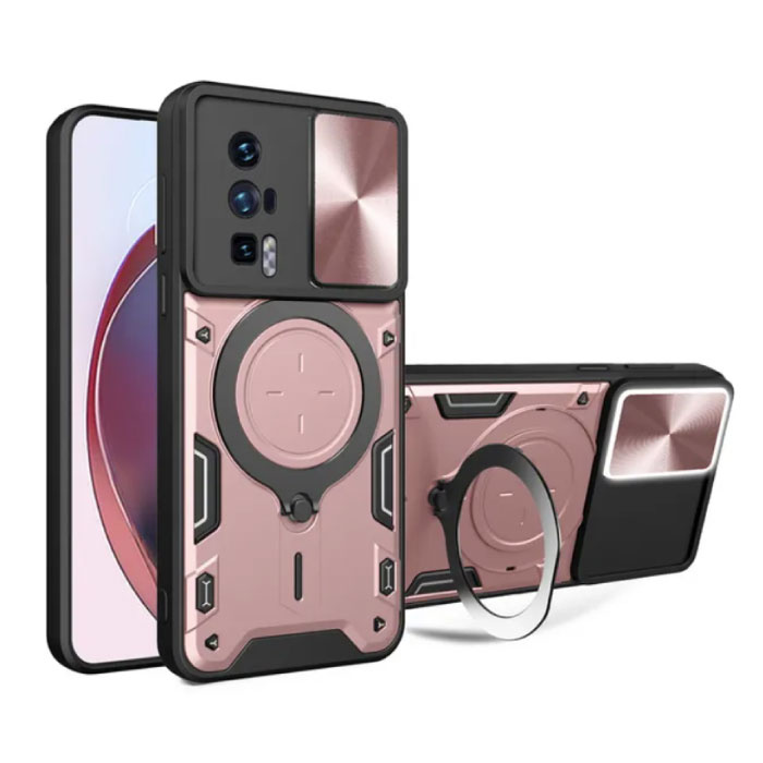 Etui Xiaomi Poco F5 Pro (5G) z pierścieniową podstawką i magnesem - odporne na wstrząsy etui w kolorze różowym