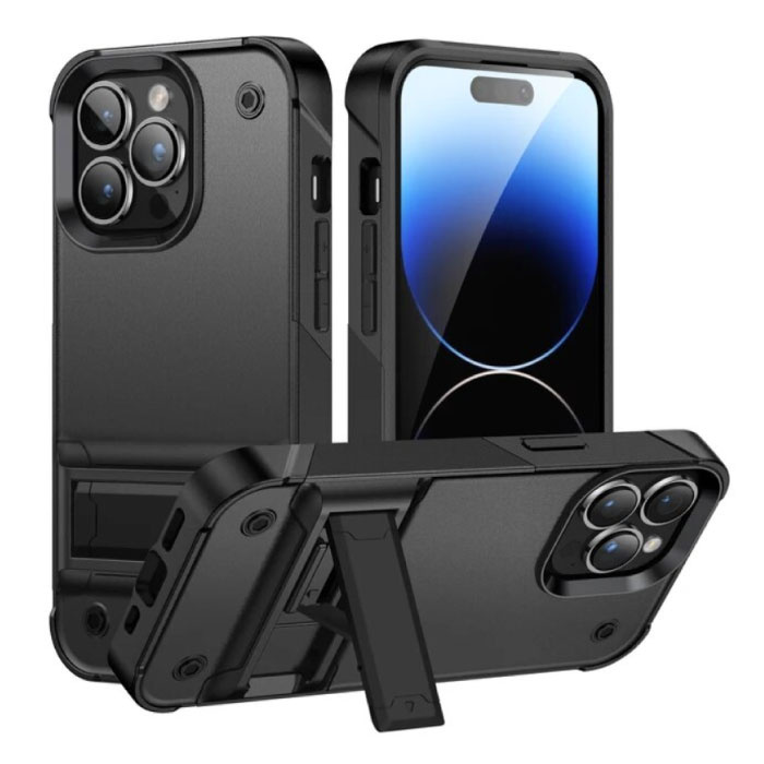 Huikai iPhone 15 Pro Max Armor Case with Kickstand - Shockproof Cover Case - Black
