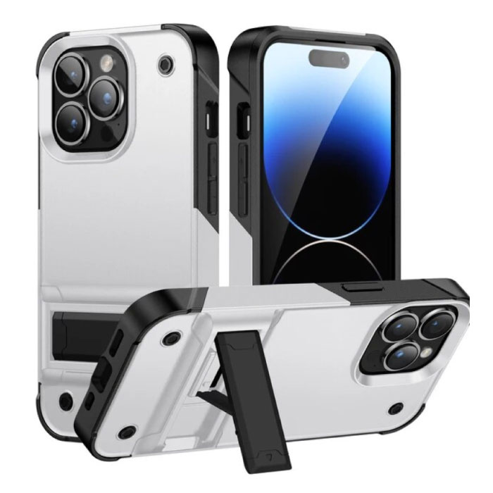 Huikai iPhone 14 Pro Max Armor Case with Kickstand - Shockproof Cover Case - White