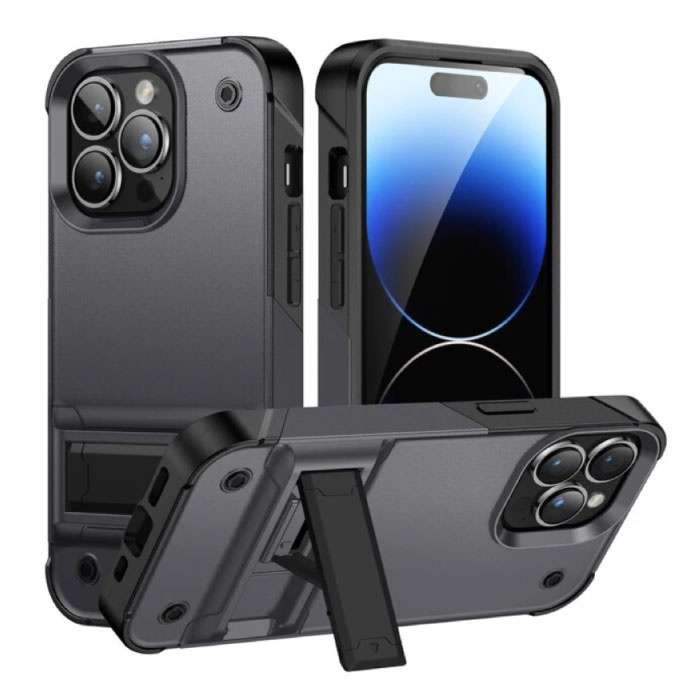 Huikai iPhone 15 Pro Armor Case with Kickstand - Shockproof Cover Case - Gray