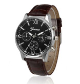 Geneva Montre Homme de Luxe - Mouvement Quartz Bracelet Cuir Marron Argent