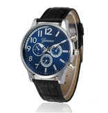 Geneva Montre Homme de Luxe - Mouvement Quartz Bracelet Cuir Bleu Argent