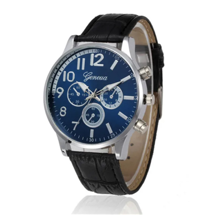 Geneva Luxuriöse Herrenuhr – Quarzwerk, Lederarmband, Blau, Silber