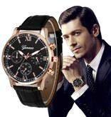 Geneva Luksusowy męski zegarek – skórzany pasek z mechanizmem kwarcowym, różowe złoto, czarny