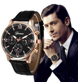 Geneva Montre de Luxe Homme - Mouvement Quartz Bracelet Cuir Or Rose Noir