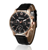 Geneva Luksusowy męski zegarek – skórzany pasek z mechanizmem kwarcowym, różowe złoto, czarny