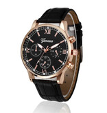 Geneva Luxury Men's Watch - Quartz Movement Leather Strap Rose Gold Black