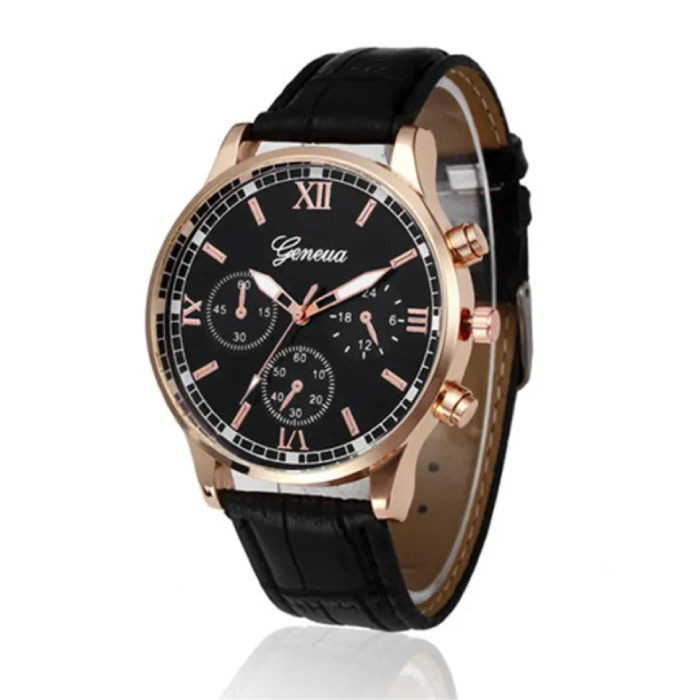 Geneva Luxury Men's Watch - Quartz Movement Leather Strap Rose Gold Black