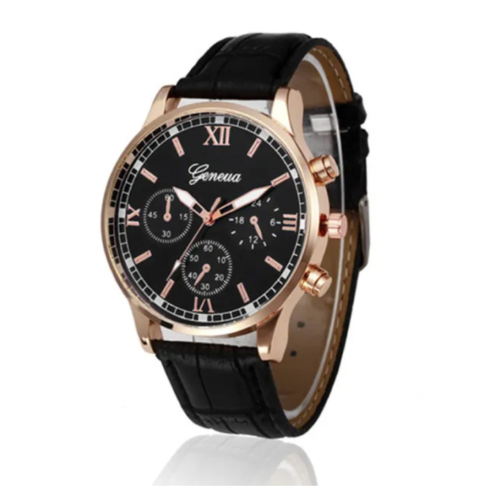 Geneva Montre de Luxe Homme - Mouvement Quartz Bracelet Cuir Or Rose Noir