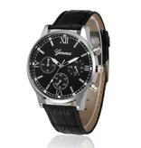 Geneva Luxe Heren Horloge - Kwarts Uurwerk Leren Bandje Zilver Zwart