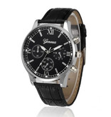 Geneva Montre Homme de Luxe - Mouvement Quartz Bracelet Cuir Argent Noir