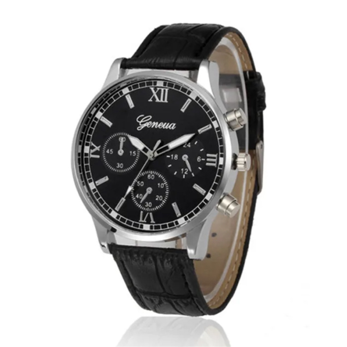 Luksusowy męski zegarek – skórzany pasek z mechanizmem kwarcowym, srebrno-czarny