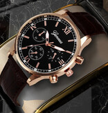 Geneva Montre Homme de Luxe - Mouvement Quartz Bracelet Cuir Or Rose Marron