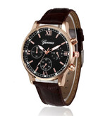 Geneva Montre Homme de Luxe - Mouvement Quartz Bracelet Cuir Or Rose Marron