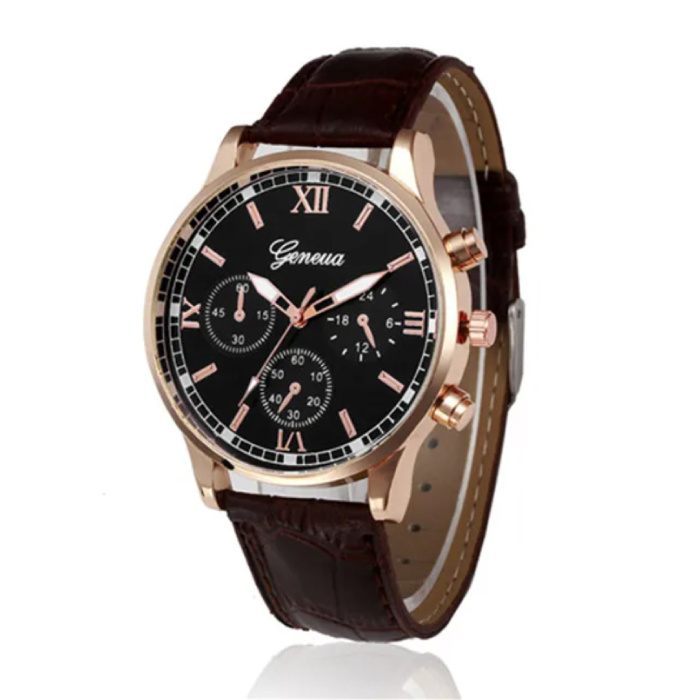 Geneva Luxury Men's Watch - Quartz Movement Leather Strap Rose Gold Brown
