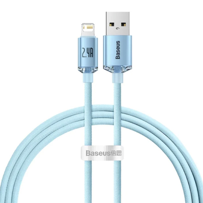 Câble de chargement USB pour iPhone Lightning - 2 mètres - Nylon tressé - Câble de données de chargeur résistant aux enchevêtrements Bleu clair