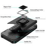 Huikai Samsung Galaxy S24 - Card Slot Case with Kickstand and Camera Slide - Grip Socket Magnetic Cover Case Black