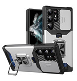 Huikai Samsung Galaxy S23 FE - Funda con ranura para tarjetas con soporte y deslizador para cámara - Funda magnética con toma de agarre plateada