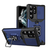 Huikai Samsung Galaxy S23 FE - Custodia con slot per scheda con cavalletto e scorrimento per fotocamera - Custodia con copertura magnetica con presa blu