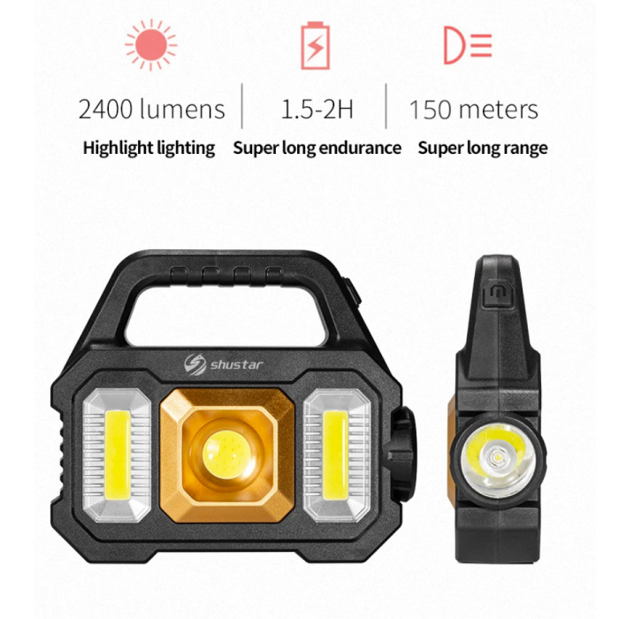 Shustar Solar-Taschenlampe, LED-Taschenlampe – USB wiederaufladbar, starkes Licht, Camping – 2400 Lumen – Silber