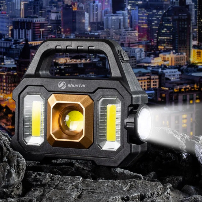 Shustar Solar-Taschenlampe, LED-Taschenlampe – USB wiederaufladbar, starkes Licht, Camping – 2400 Lumen – Silber