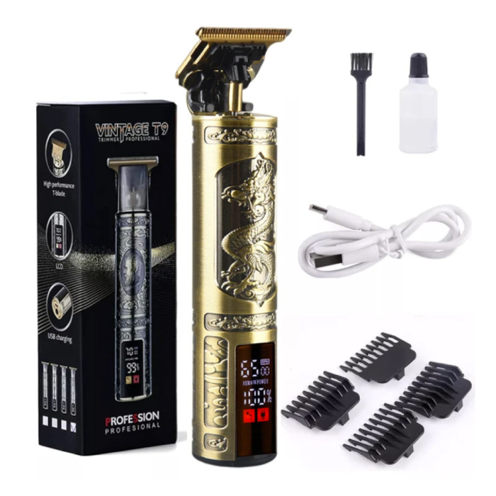 Retro T9 Hair Clipper with LCD Screen - Cordless Trimmer Electric Shaver - Golden Dragon