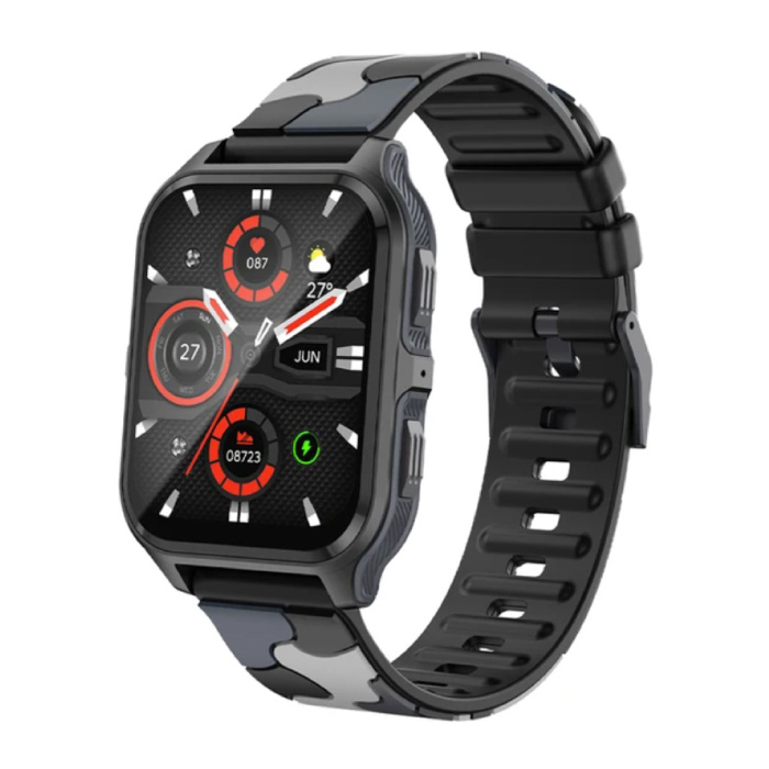 Montre intelligente P73 - Bracelet en silicone - Montre de suivi d'activité sportive militaire 1,9" - Noir Gris