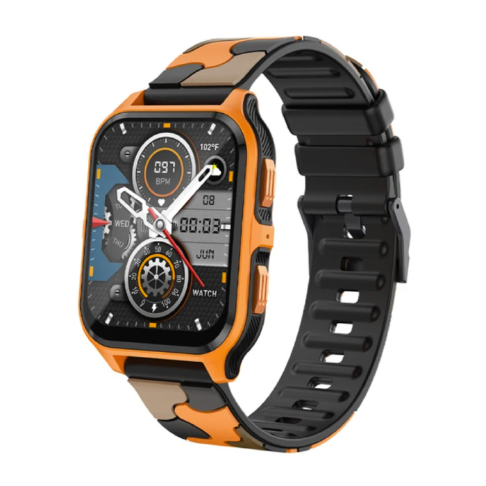 P73 Smartwatch - Siliconen Bandje - 1.9" Militaire  Sport Activity Tracker Horloge - Zwart Oranje