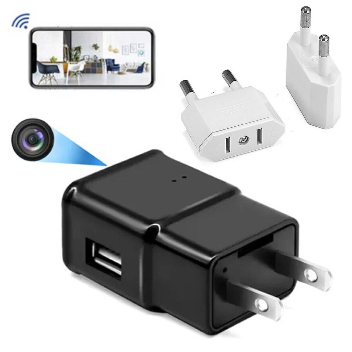 Cargador USB con cámara de seguridad - 1080p HD Videocámara Detector de movimiento Alarma Negro