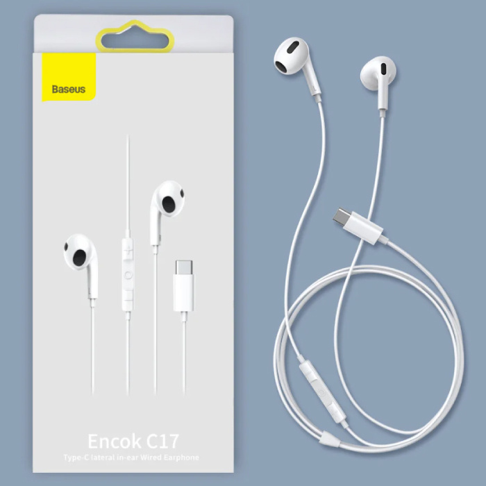 Baseus C17 Słuchawki douszne z mikrofonem — słuchawki USB-C Słuchawki do zarządzania głośnością — białe