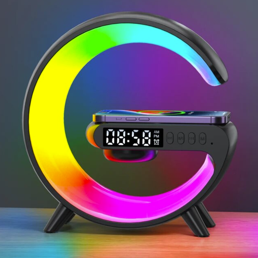 Caja de sonido con lámpara RGB y cargador inalámbrico - Reloj despertador Altavoz inalámbrico Bluetooth 5.0 Negro