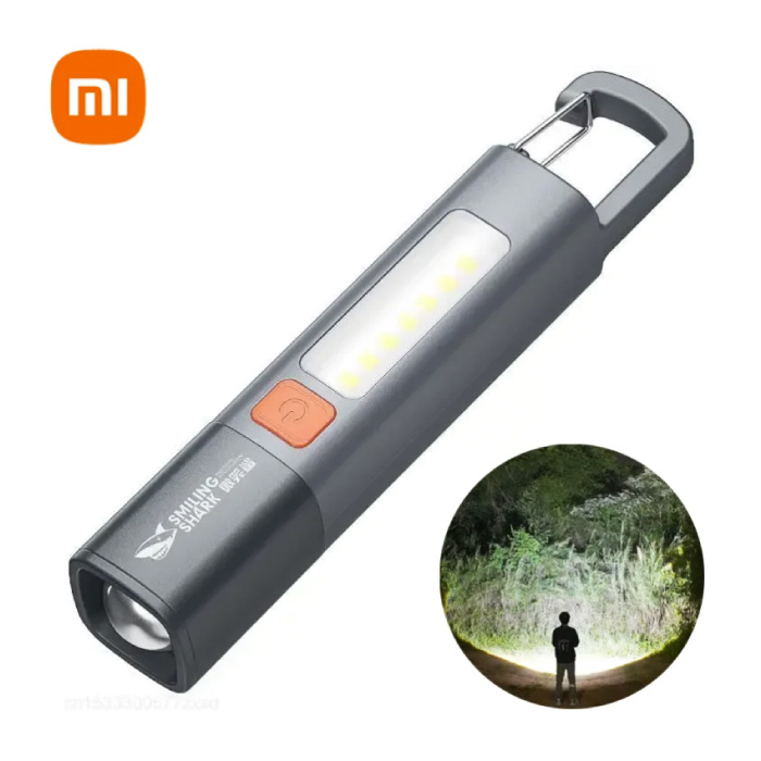Lampe de poche LED d'extérieur Smiling Shark – Projecteur rechargeable USB avec lumières latérales pour camping – Gris