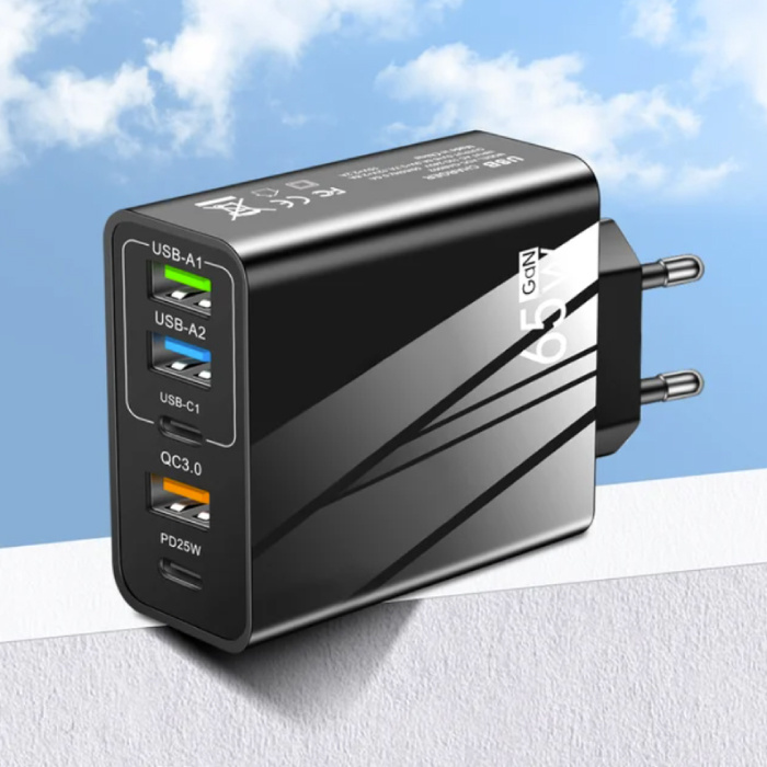 Cargador enchufable GaN de 5 puertos 65W - PD / Quick Charge 3.0 / Cargador USB Adaptador de cargador enchufable Negro