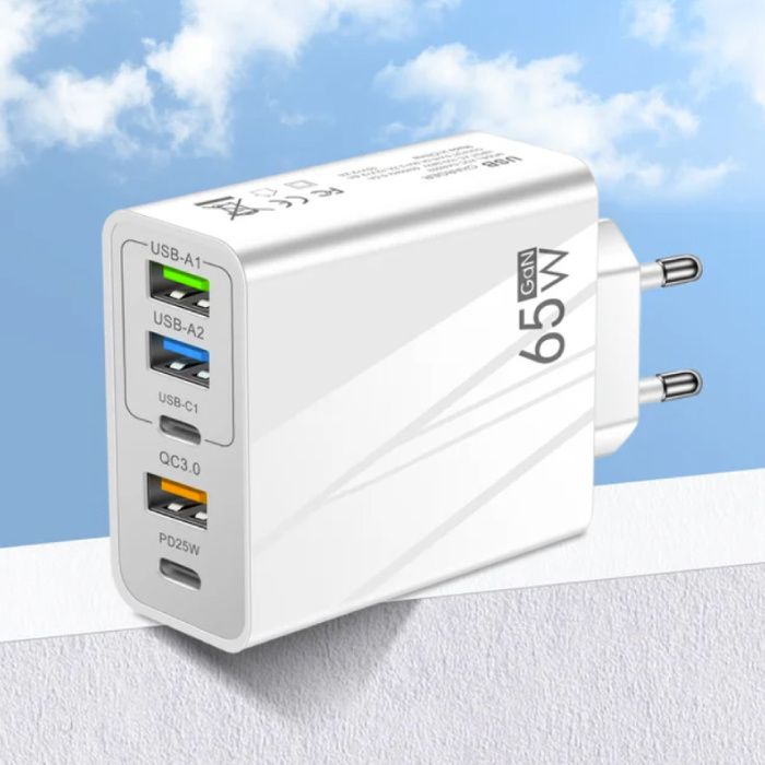 Cargador enchufable GaN de 5 puertos 65W - PD / Quick Charge 3.0 / Cargador USB Adaptador de cargador enchufable Blanco