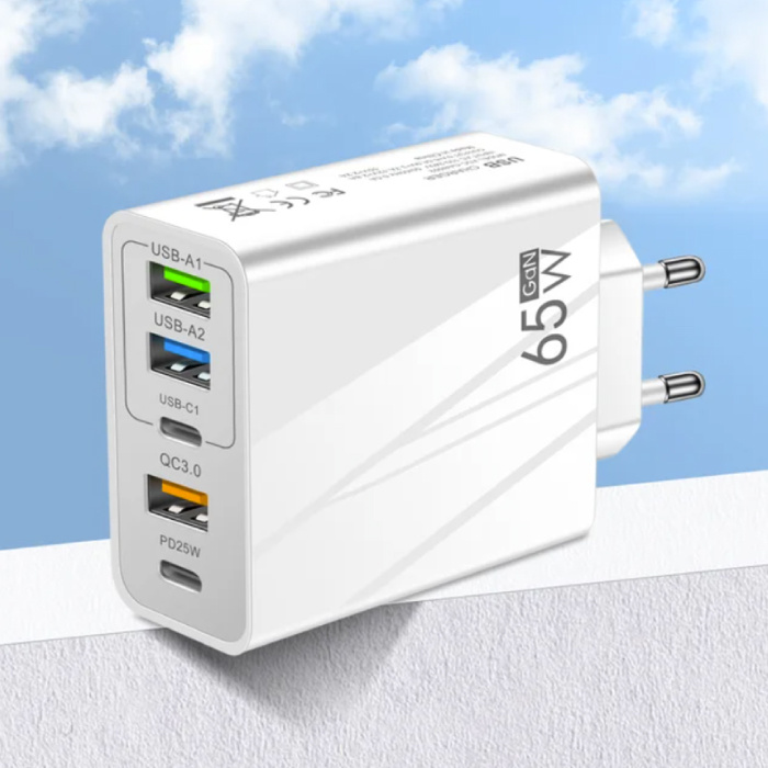 Maerknon 5-Port GaN Plug-in-Ladegerät 65 W – PD / Quick Charge 3.0 / USB-Ladegerät Ladegerät Plug-in-Ladegerät-Adapter Weiß