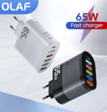 OLAF Cargador de Enchufe de 6 Puertos 65W - PD / Quick Charge 3.0 / Cargador USB Adaptador de Cargador de Enchufe Negro