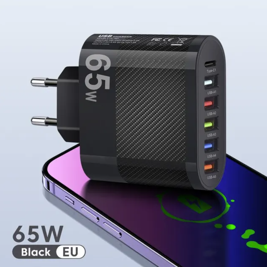 6-portowa ładowarka z wtyczką 65 W - PD / Quick Charge 3.0 / ładowarka USB Wtyczka ładowarki Adapter ładowarki czarny